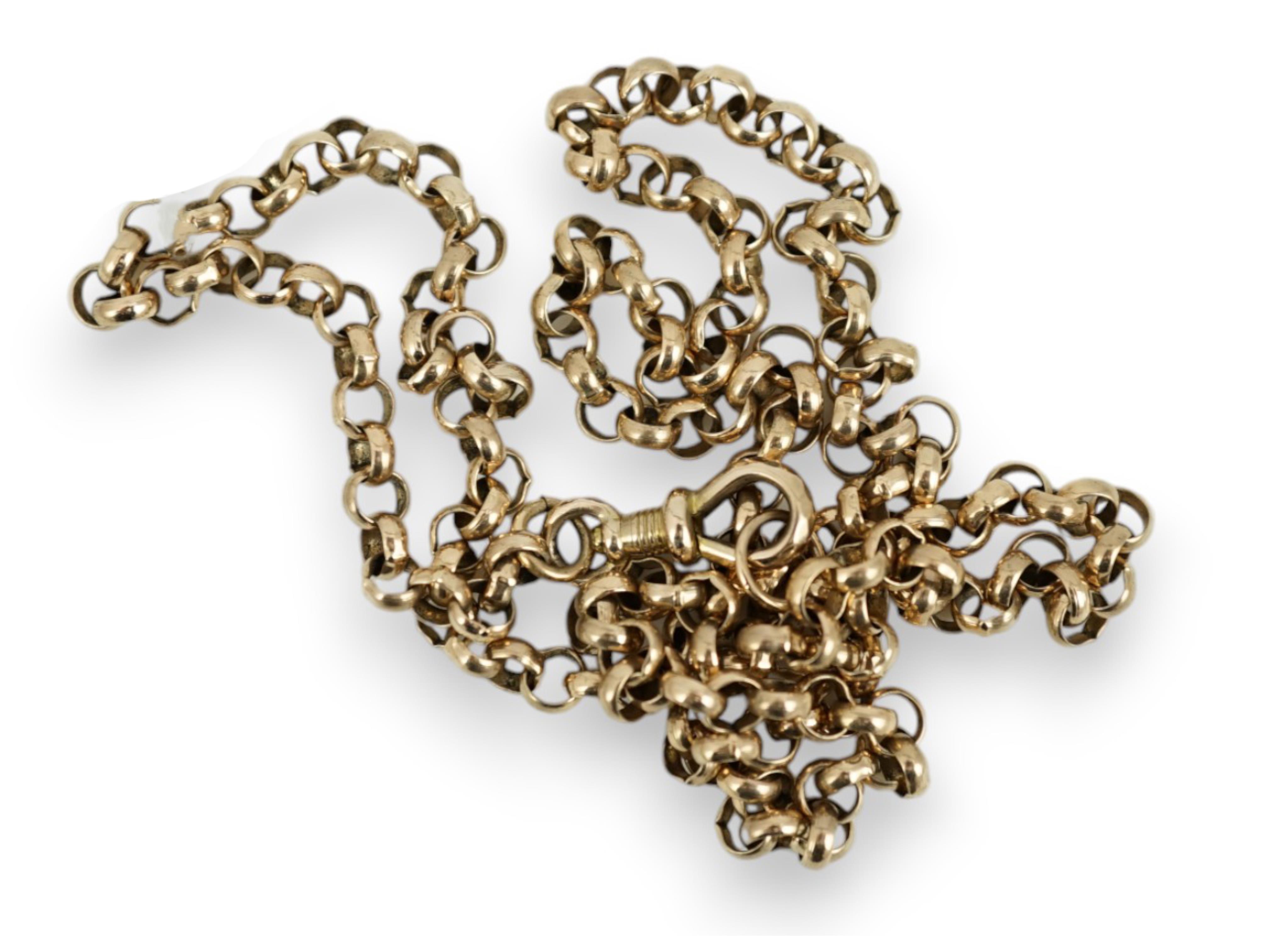 An early 20th century yellow metal circular link chain, 60cm, 23.6 grams.